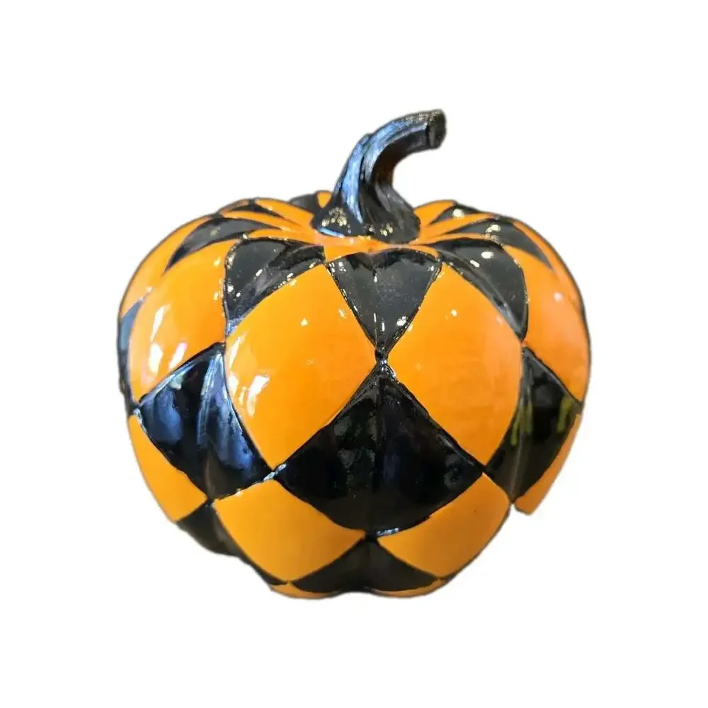 New Halloween Decorative Orange & Black Argyle Circus Checkered Resin Pumpkin